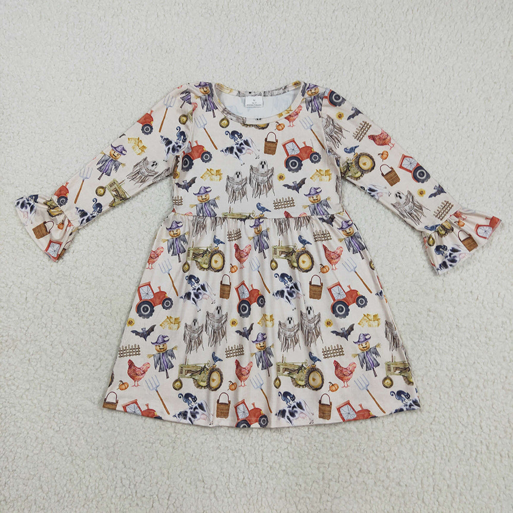 Baby Girls Long Ruffle Sleeves Trucks Chicks Farm Knee Length Dresses