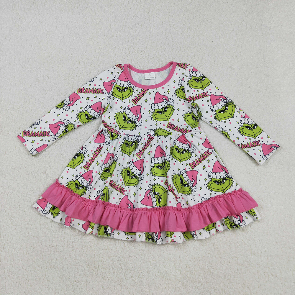 Baby Girls Christmas Green Face Stars Plaid Ruffle Knee Length Dresses
