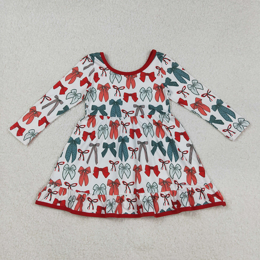 Baby Girls Green Red Bows Plaid Christmas Ruffle Knee Length Dresses