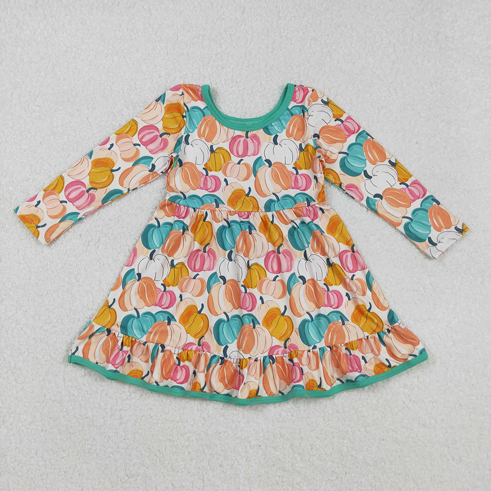 Baby Girls Colorful Pumpkins Plaid Fall Ruffle Knee Length Dresses