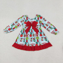 Load image into Gallery viewer, Sibling Baby Girls Lights Green Faces Bows Christmas Knee Length Dress Rompers Bell Pants Clothes Sets
