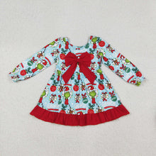 Load image into Gallery viewer, Baby Girls Christmas Green Face Bows Holly Big Bow Knee Length Dresses
