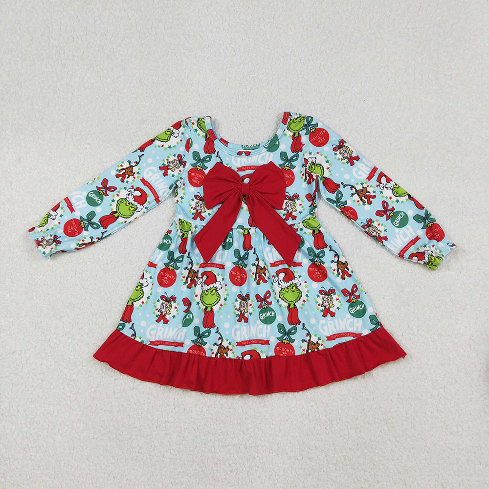 Baby Girls Christmas Green Face Bows Holly Big Bow Knee Length Dresses