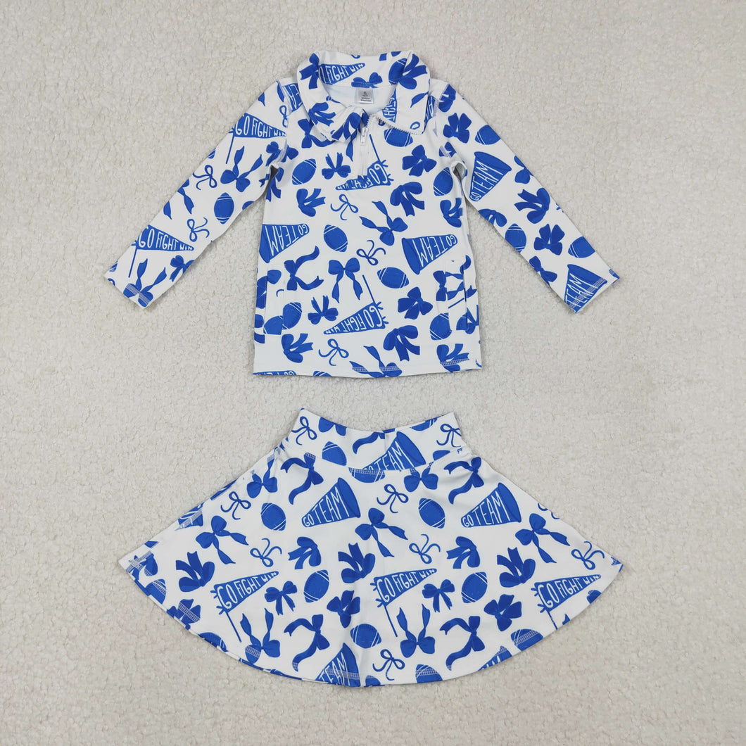 Baby Girls Blue Bows Go Team Zipper Pullovers Skirts Shorts Yoga Active Clothes Set