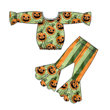 Load image into Gallery viewer, Baby girls fall pumpkin halloween off shoulder top bell pants sets
