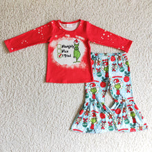 Load image into Gallery viewer, Sibling Baby Girls Lights Green Faces Bows Christmas Knee Length Dress Rompers Bell Pants Clothes Sets
