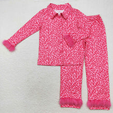 Load image into Gallery viewer, Adult Women Dark Pink Leopard Button Up Top Pants Fur Pajamas
