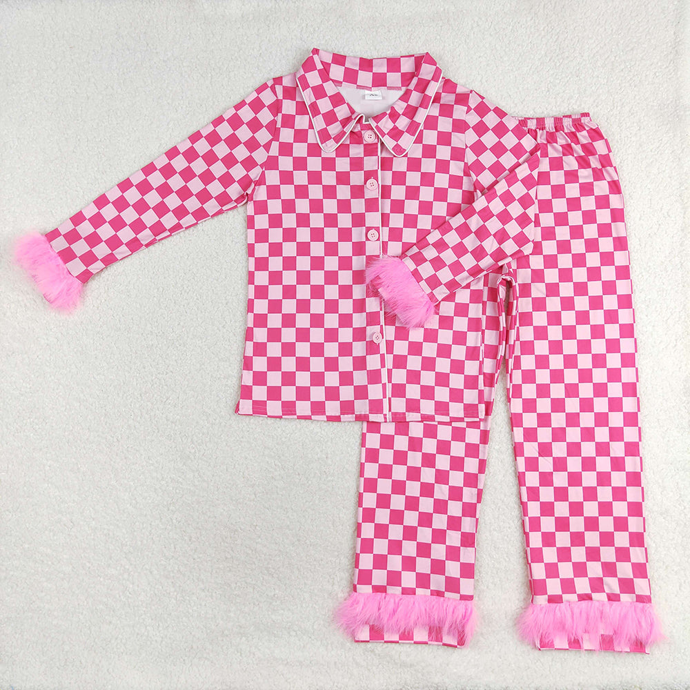 Adult Women Dark Pink Checkered Button Up Top Pants Fur Pajamas