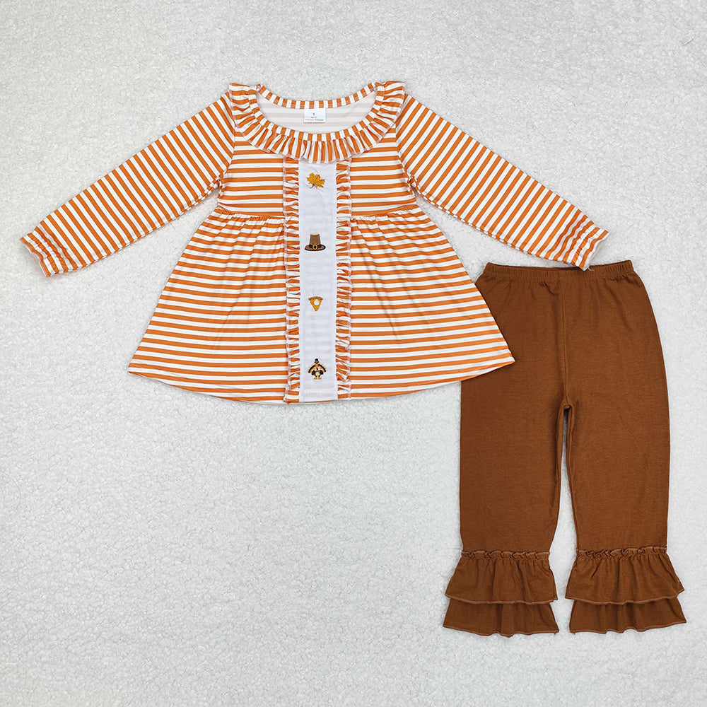 Baby Girls Orange Thanksgiving Turkey Tunic Ruffle Pants Clothes Sets