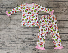 Load image into Gallery viewer, Baby Girls Christmas Green Face Character Bamboo Pajamas Clothes Sets
