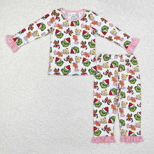 Load image into Gallery viewer, Baby Girls Christmas Green Face Character Bamboo Pajamas Clothes Sets
