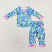 Load image into Gallery viewer, Baby Girls Blue Flowers House Top Pants Pajamas Clothes Sets
