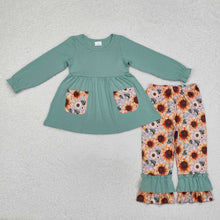 Load image into Gallery viewer, Sibling Sister Baby Girls Green Pockets Sunflowers Rompers Clothes Sets
