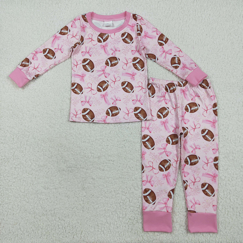 Sibling Baby Girls Pink Football Bows Rompers Pajamas Clothes Sets