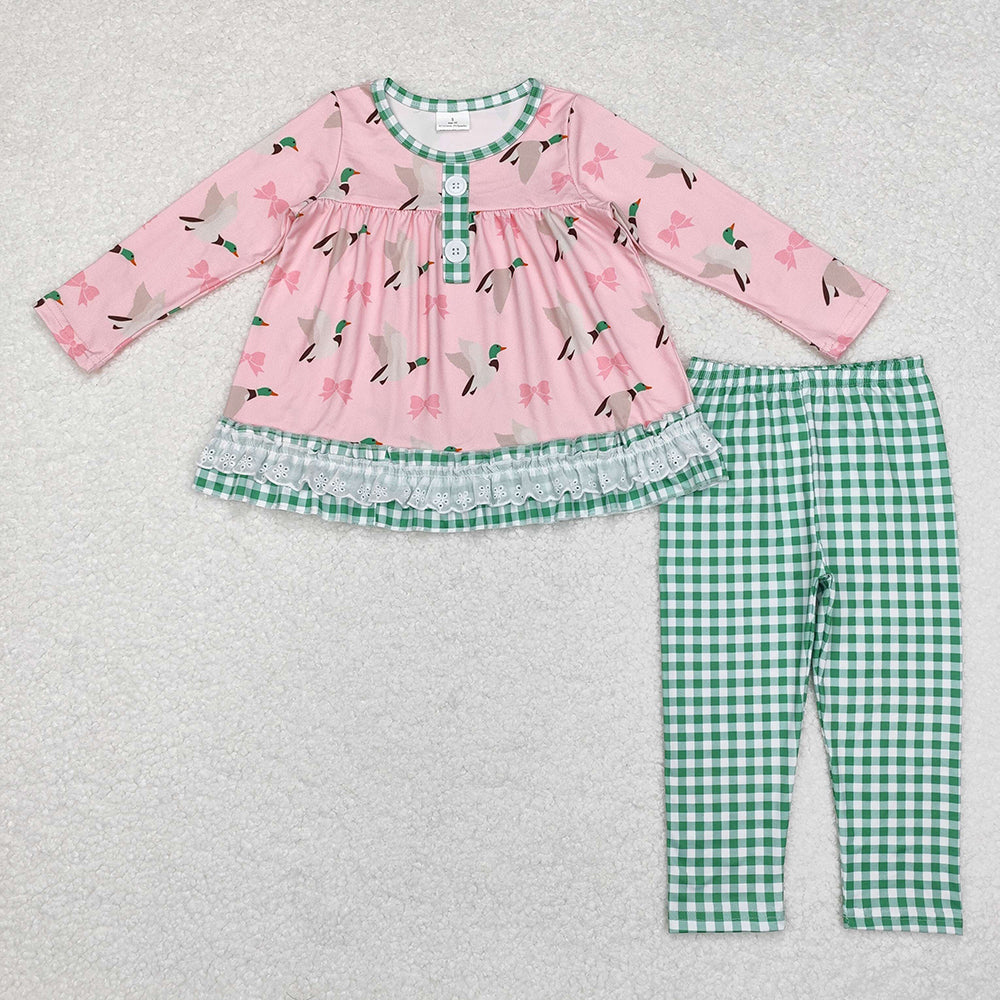 Baby Girls Mallard Ducks Bows Tunic Top Checkered Legging Clothes Sets