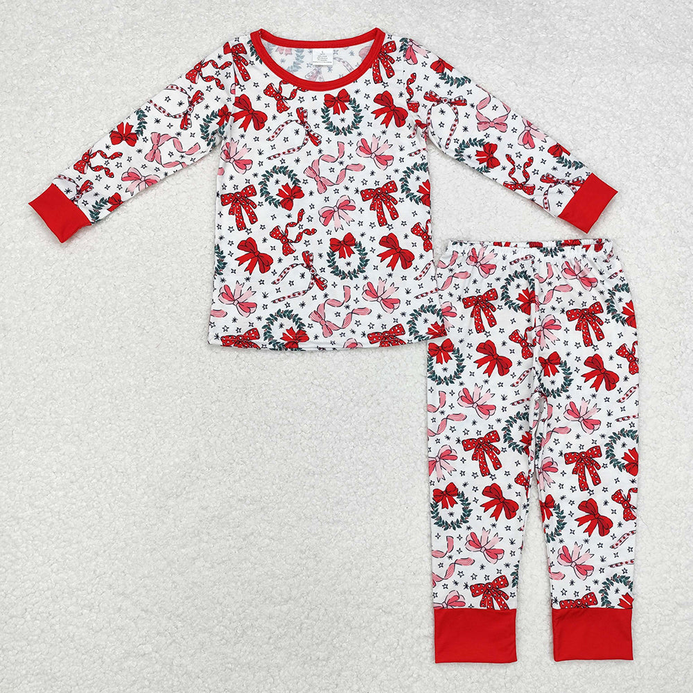 Baby Girls Christmas Red Bows Bamboo Pajamas Clothes Sets