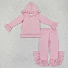 Load image into Gallery viewer, 5 Colors Cotton Sibling Baby Girls Hooded Ruffle Top Bell Pants Clothes Sets
