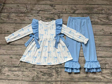 Load image into Gallery viewer, Baby Girls Blue Bows Tunic Ruffle Pants Clothes Sets
