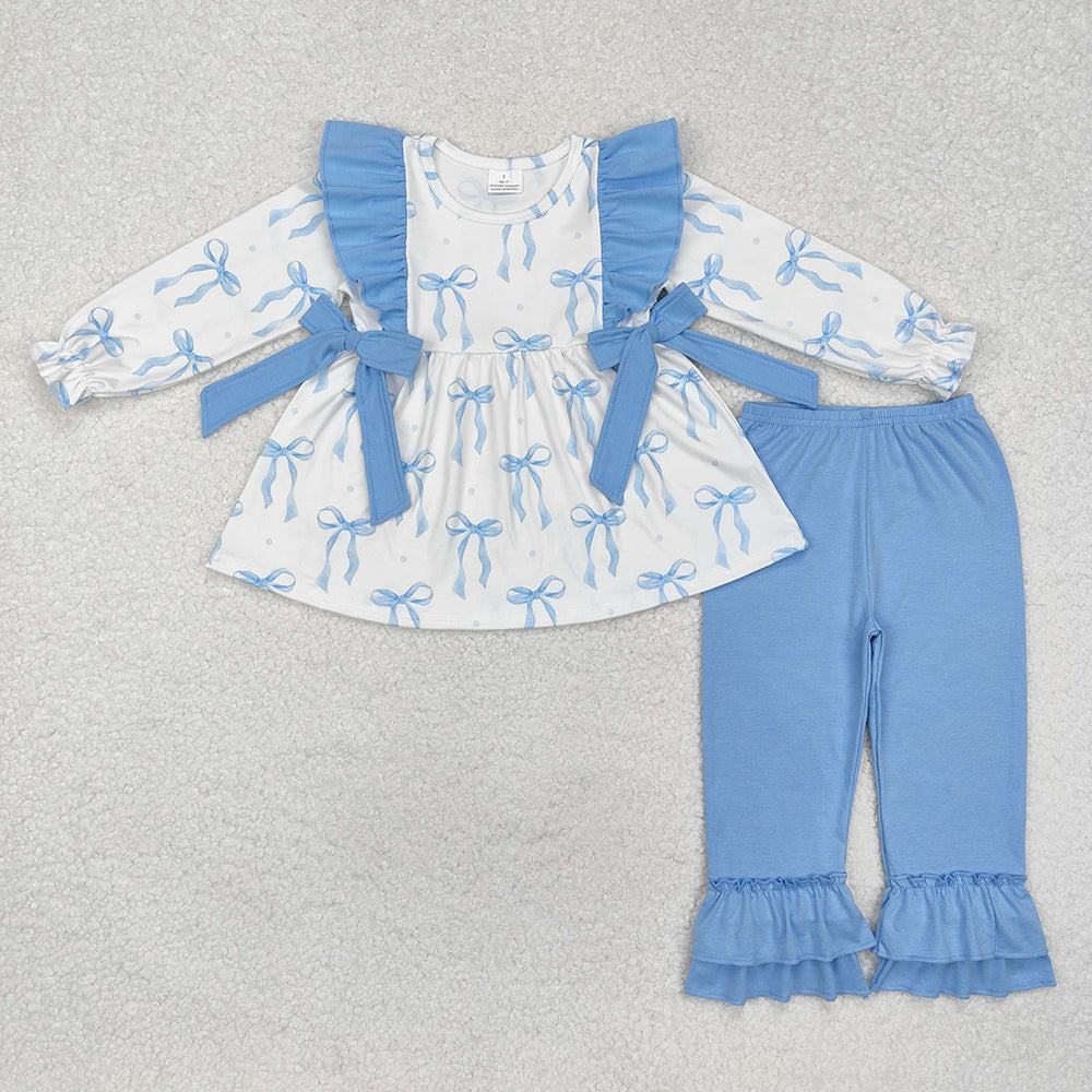 Sibling Baby Girls Blue Bows Rompers Clothes Sets