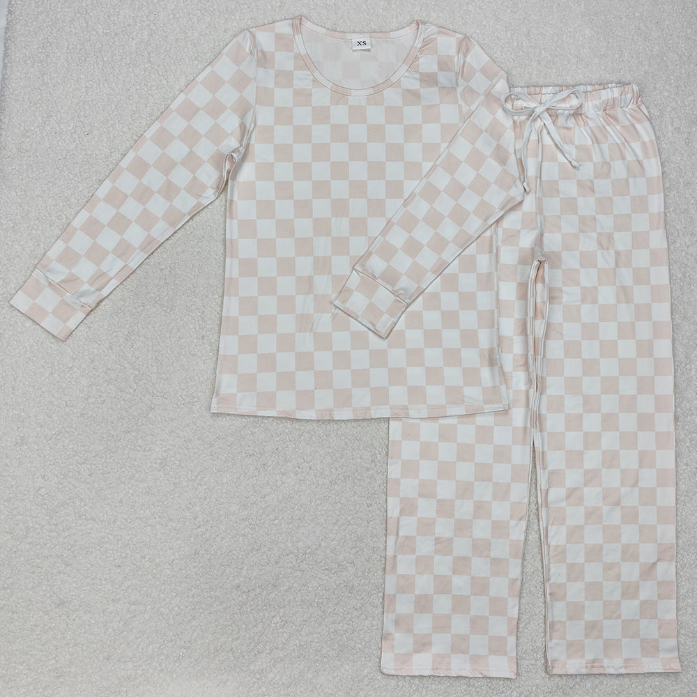 Adult Women Pink Checkered Long Sleeve Tops Pants Pajamas Outfits
