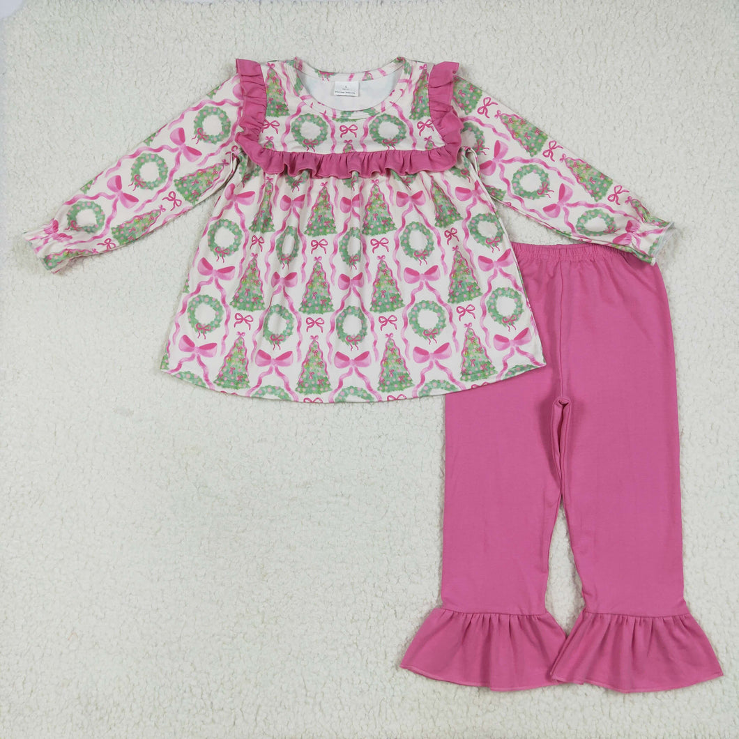 Sibling Baby Girls Long Ruffle Sleeves Holly Santa Plaid Tunic Pants Christmas Set