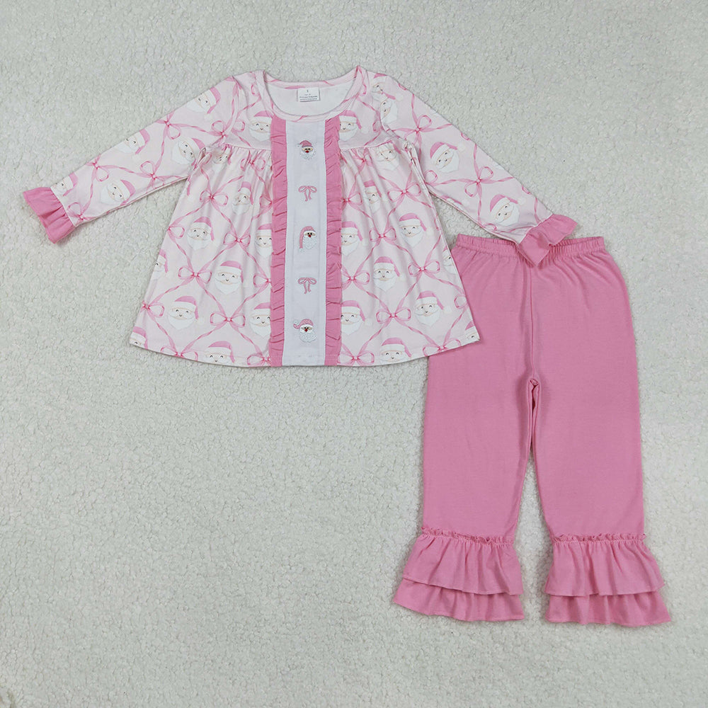 Embroidery Baby Girls Christmas Pink Bows Santa Tunic Ruffle Pants Sets