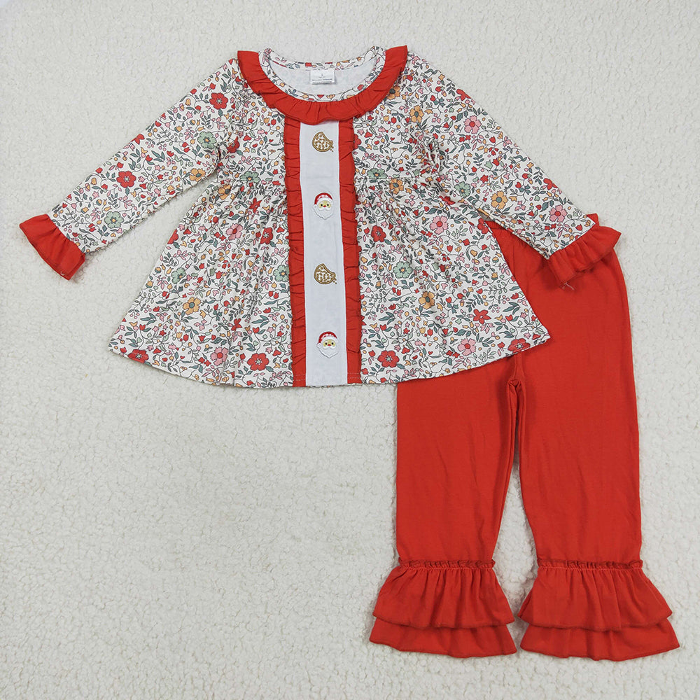 Embroidery Santa Cookie Baby Girls Red Floral Tunic Ruffle Pants ChristmasSet