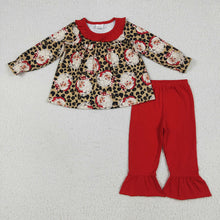 Load image into Gallery viewer, Baby Girls Christmas Leopard Santa Tunic Ruffle Pants Sets
