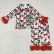 Load image into Gallery viewer, Sibling Baby Girls Christmas Fur Sleeve Bows Buttons Top Pants Pajamas Sets
