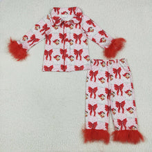 Load image into Gallery viewer, Sibling Baby Girls Christmas Fur Sleeve Bows Buttons Top Pants Pajamas Sets
