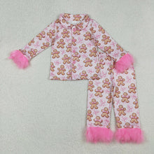 Load image into Gallery viewer, Baby Girls Pink Fur Gingerbread Button Top Pants Christmas Pajamas Sets
