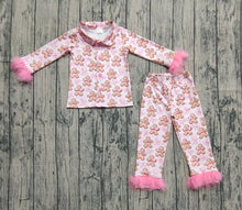 Load image into Gallery viewer, Baby Girls Pink Fur Gingerbread Button Top Pants Christmas Pajamas Sets
