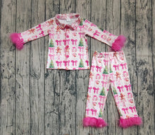 Load image into Gallery viewer, Baby Girls Christmas With Fur Bows Gingerbread Trees Button Top Pants Pajamas Sets
