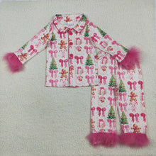 Load image into Gallery viewer, Sibling Baby Girls Christmas Fur Sleeve Bows Buttons Top Pants Pajamas Sets
