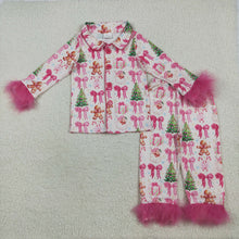 Load image into Gallery viewer, Mama and Me Pink Bows Santa Trees Button Top Pants Christmas Fur Pajamas Sets
