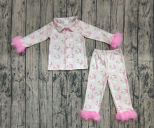 Load image into Gallery viewer, Baby Girls Pink Christmas With Fur Santa Button Top Pants Pajamas Sets
