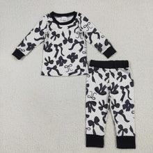 Load image into Gallery viewer, Sibling Baby Kids Black Bows Checked Pajamas Sets Zipper Footie Rompers Blankets
