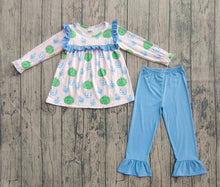 Load image into Gallery viewer, Baby Girls Pink Long Sleeves Plants Tunic Blue Ruffle Pants Sets
