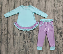 Load image into Gallery viewer, Baby Girls Aqua Long Sleeves Ruffle Top Lavender Pockets Legging Pants Sets
