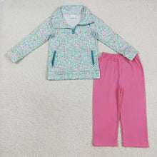 Load image into Gallery viewer, Baby Girls Long Sleeves Green Floral Pockets Zipper Top Pink Pants Sets
