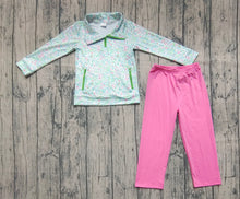 Load image into Gallery viewer, Baby Girls Long Sleeves Green Floral Pockets Zipper Top Pink Pants Sets
