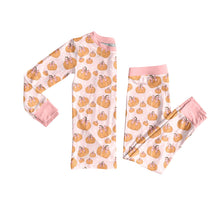 Load image into Gallery viewer, Baby Girls Pink Bows Pumpkins Top Pant Fall Pajamas Set

