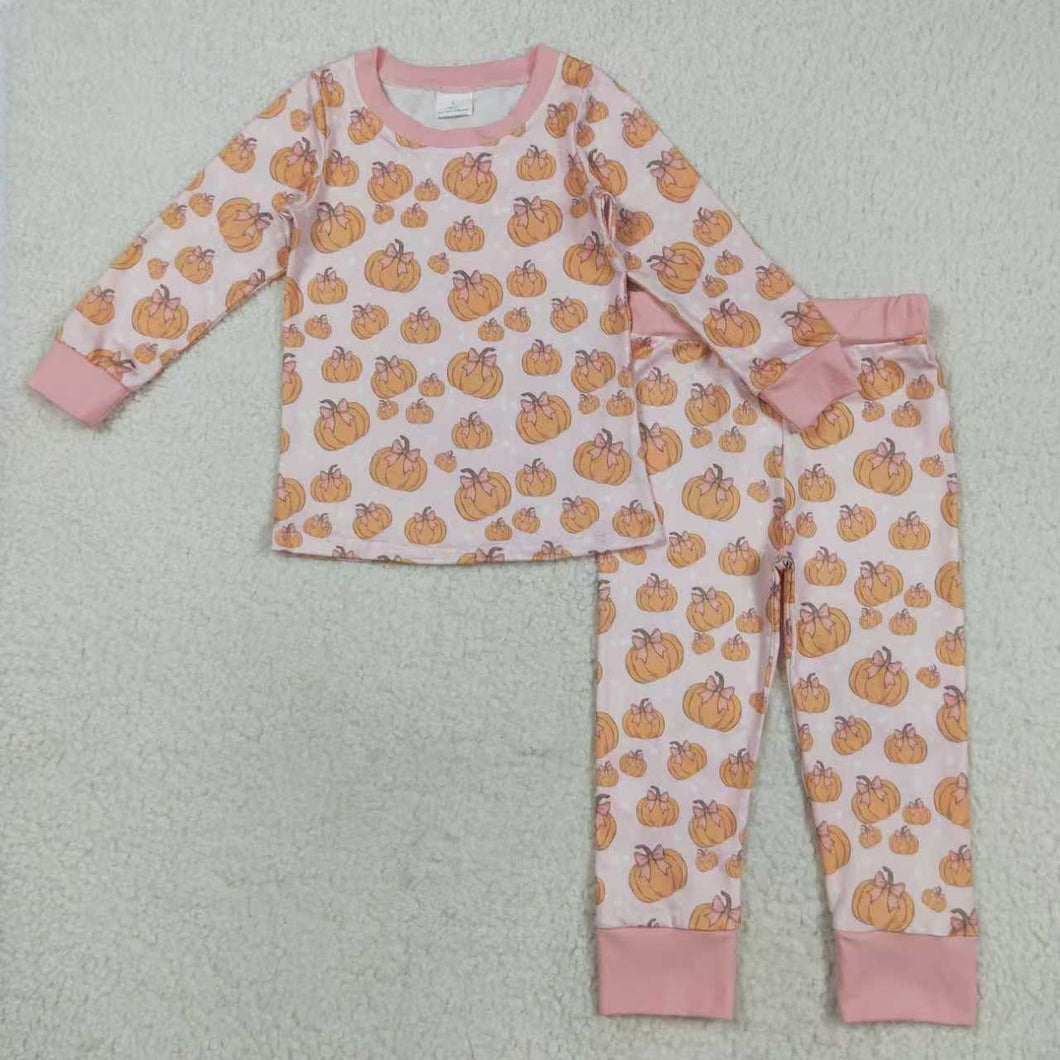 Sibling Baby Girls Pink Bows Pumpkins Rompers Pajamas Sets