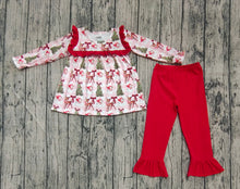 Load image into Gallery viewer, Baby Girls Red Long Sleeves Santa Trees Plaid Tunic Ruffle Pant Sets

