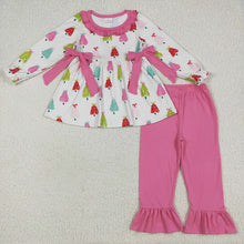 Load image into Gallery viewer, Baby Girls Christmas Bows Trees Tunic Ruffle Pants Sets
