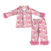 Load image into Gallery viewer, Baby Girls Pink Fur Sleeve Santa Trees Button Top Pant Christmas Pajamas Set

