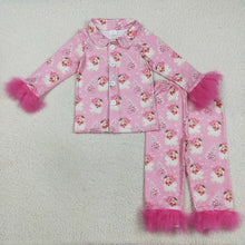 Load image into Gallery viewer, Baby Girls Pink Fur Sleeve Santa Trees Button Top Pant Christmas Pajamas Set
