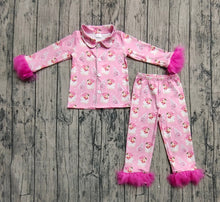 Load image into Gallery viewer, Baby Girls Pink Fur Sleeve Santa Trees Button Top Pant Christmas Pajamas Set
