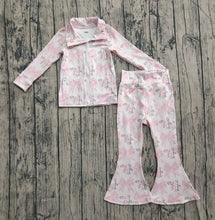 Load image into Gallery viewer, Baby Girls Pink Floral Bows Pockets Zipper Top Bell Bottom Pant Yoga Sets
