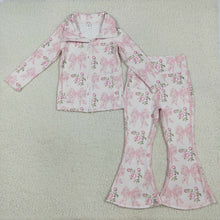 Load image into Gallery viewer, Baby Girls Pink Floral Bows Pockets Zipper Top Bell Bottom Pant Yoga Sets
